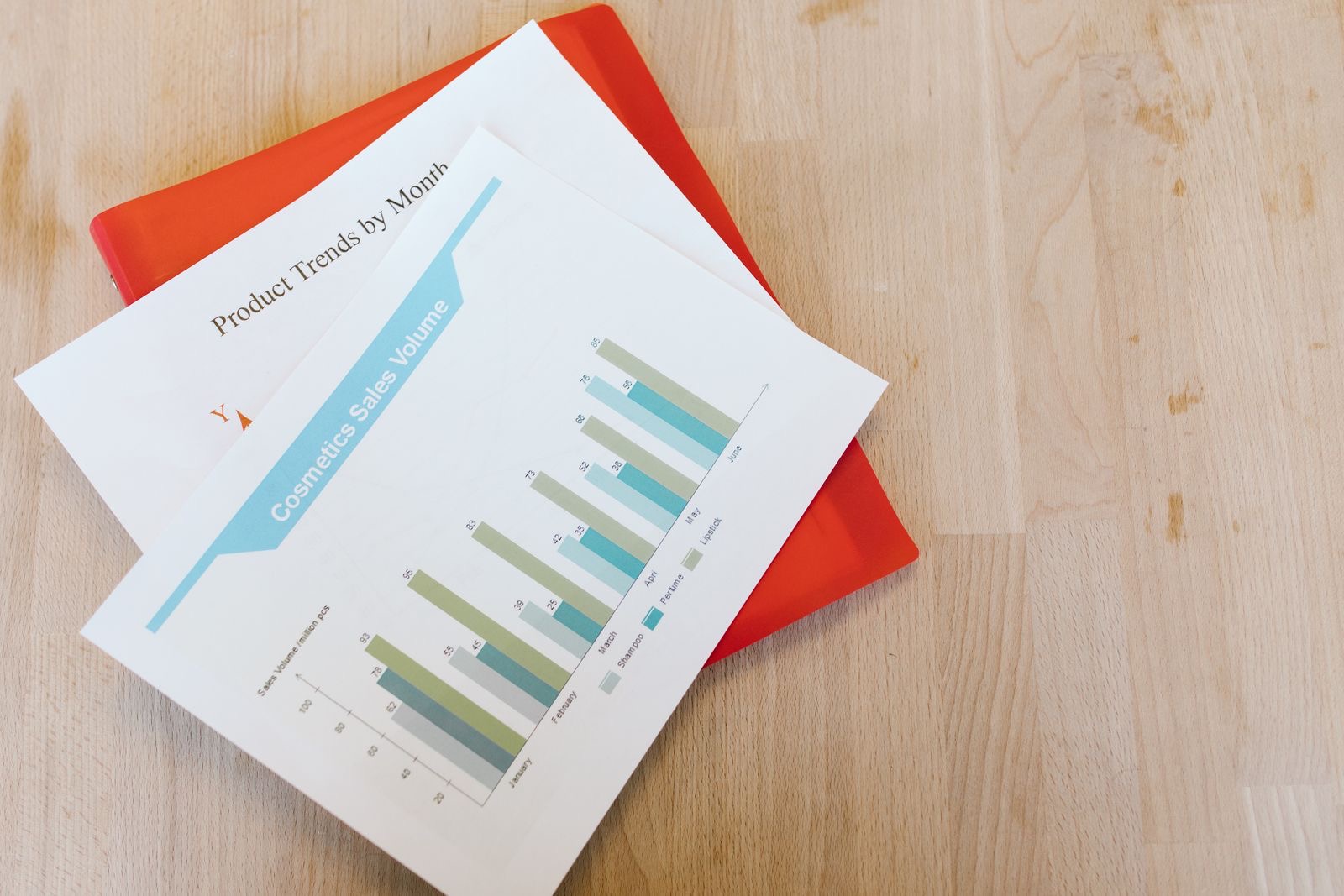 Printed financial forecasts and charts in binders on a desk beside a pen